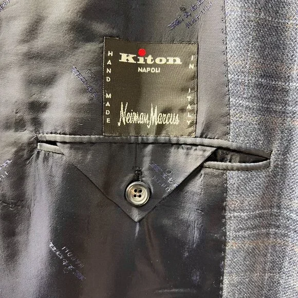 KITON 100% Cashmere Handmade in Italy Plaid Blue Sport Coat 48L - Picture 10 of 12